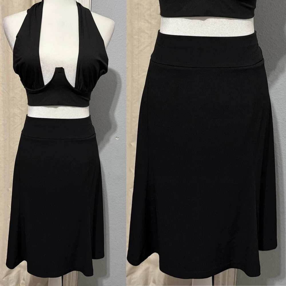 Lane Bryant Midi Skirt 22/24 Black Plus Pull On A-Line Stretch Jersey Whimsical